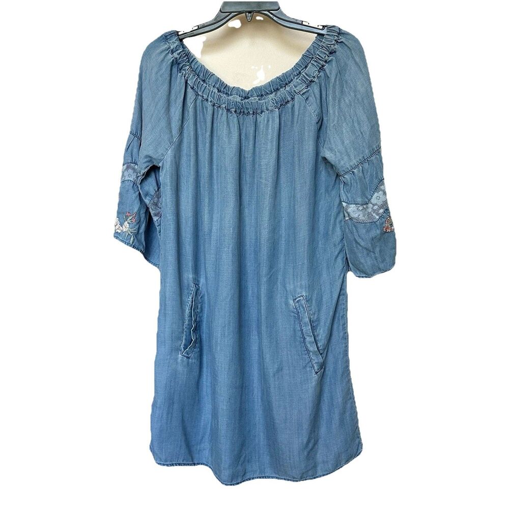 Billy T Mini Dress M 1/2 Sleeve Chambray Embroidered Floral Boho Western Preppy